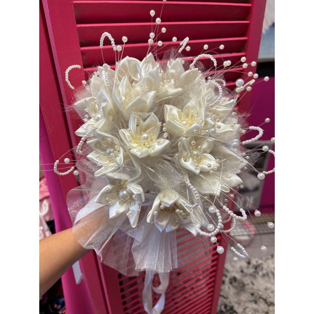 Vintage Ivory Satin Flower Bridal Bouquet Faux Pearl Accents Tulle Streamers